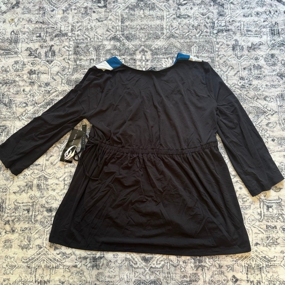 Vintage Y2K Nine West Colorblock V-Neck Tunic Top Black Blue Medium Cinch Waist - Picture 2 of 7
